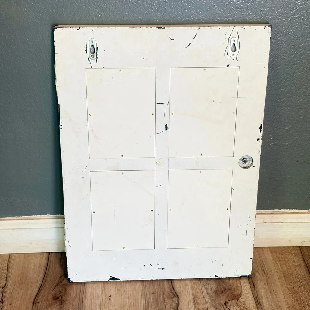 Vtg Distressed White Door Mirror Wall Hook Rack Crystal Knob Farmhouse 14.5x20